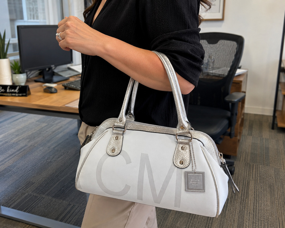 Isaac Mizrahi Doctor's Bag Rivet White & Silver Monogram Satchel Handbag Purse